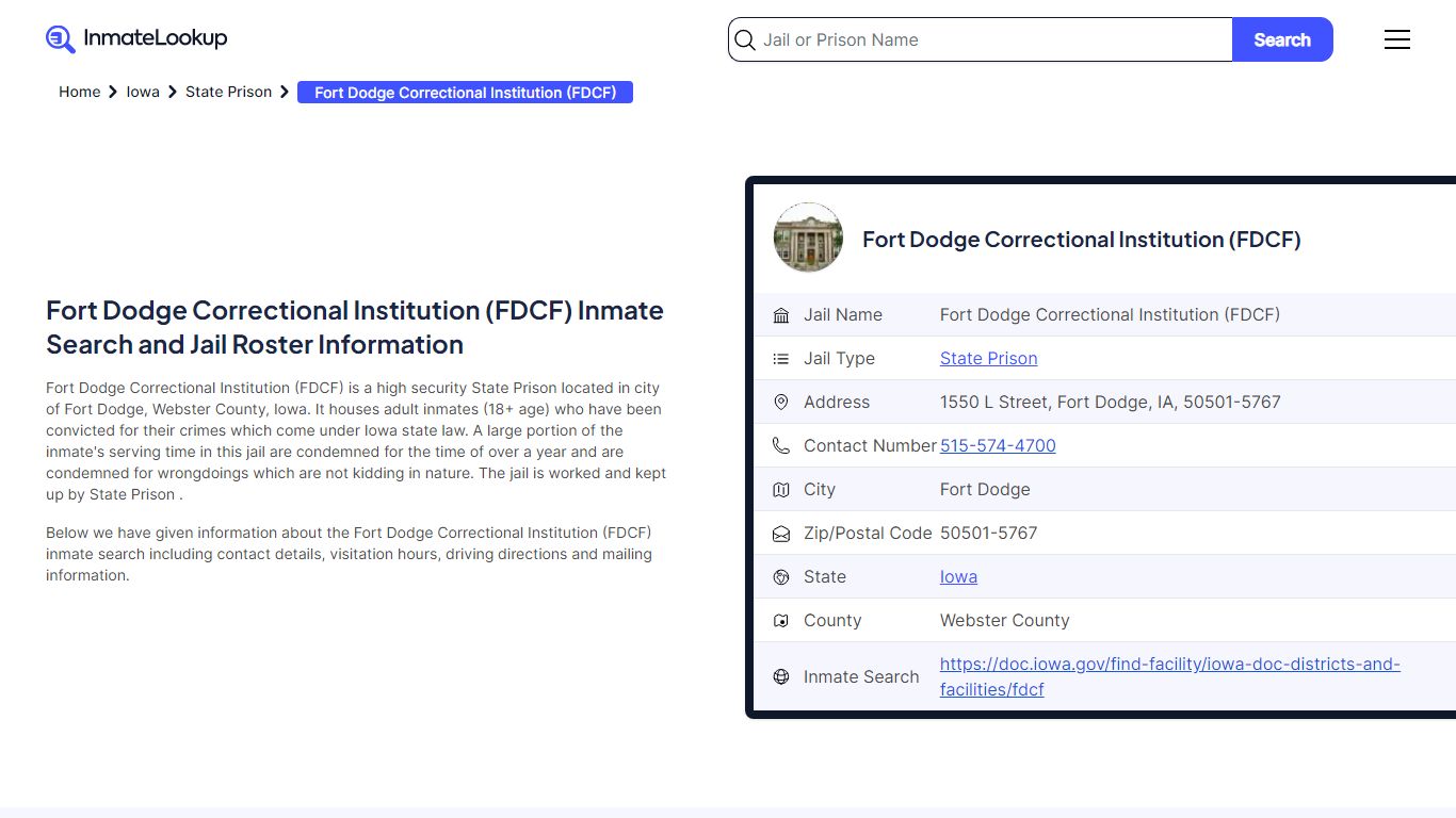 Fort Dodge Correctional Institution (FDCF) Inmate Search, Jail Roster ...